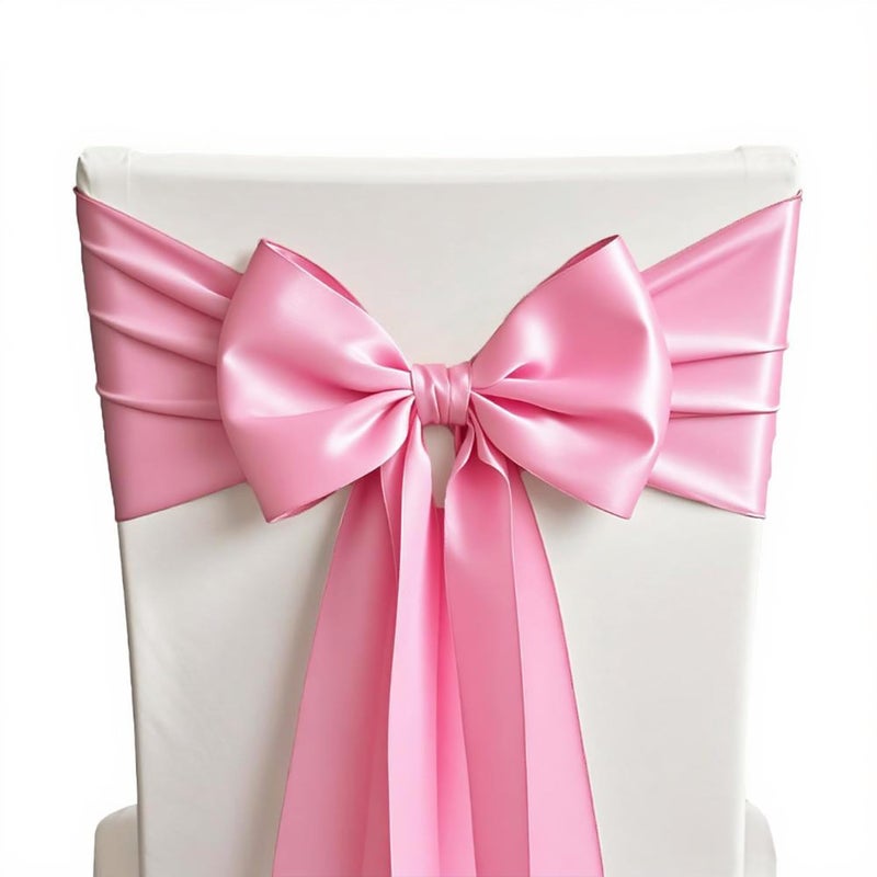 SINSSOWL 50 Pink Chair Sashes Satin Chair Bows for Wedding Birthday Party Fiesta Decor - 7x108 Inches Chairs Ribbons Ties Fitted Banquet Folding Chairs Decorations - Image 1